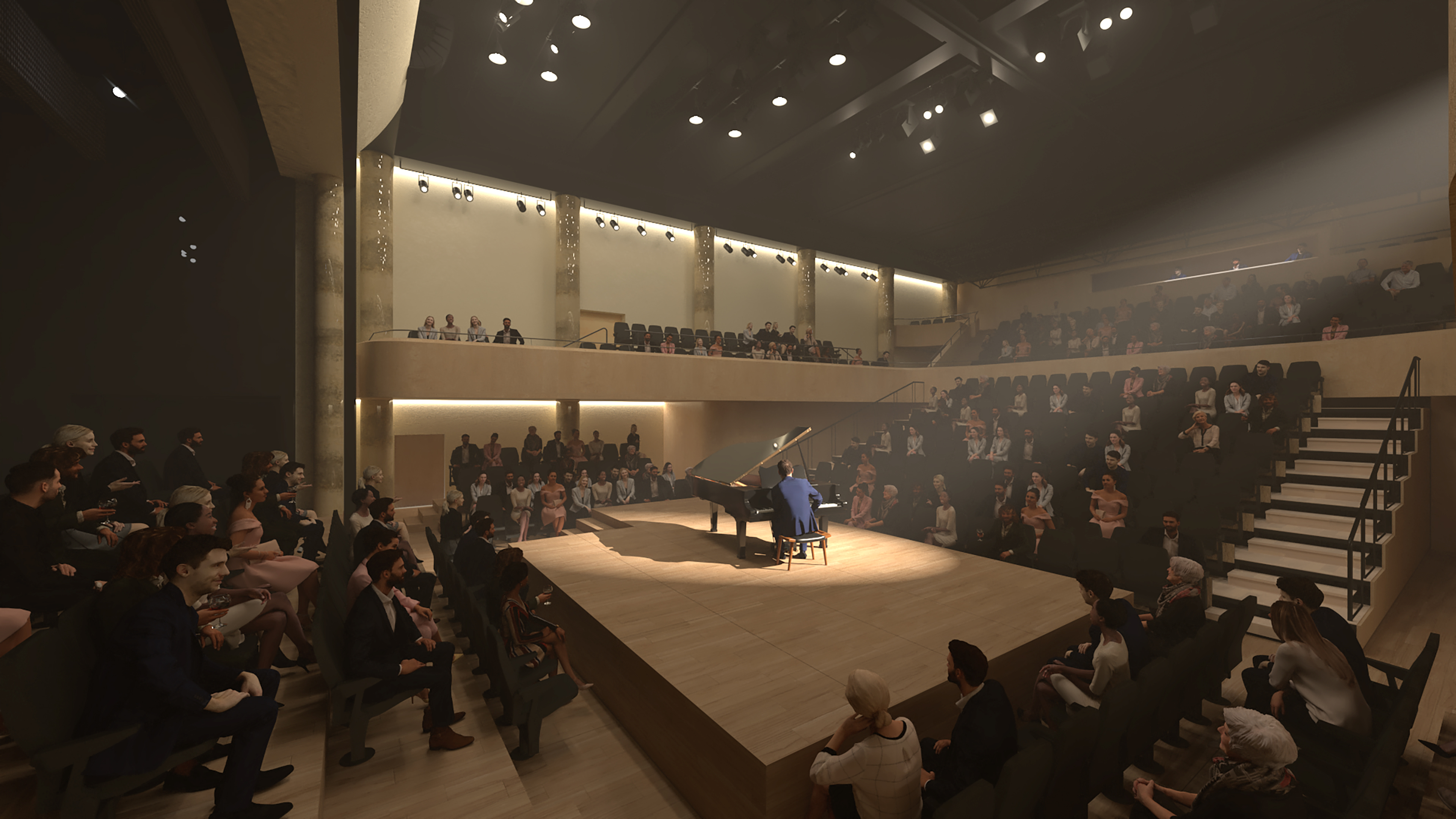 Vizualizace interiéru nově zrekonstruovaného komorního sálu, který vznikne úpravou stávajícího společenského sálu DKMO, Steven Holl Architects & Architecture Acts